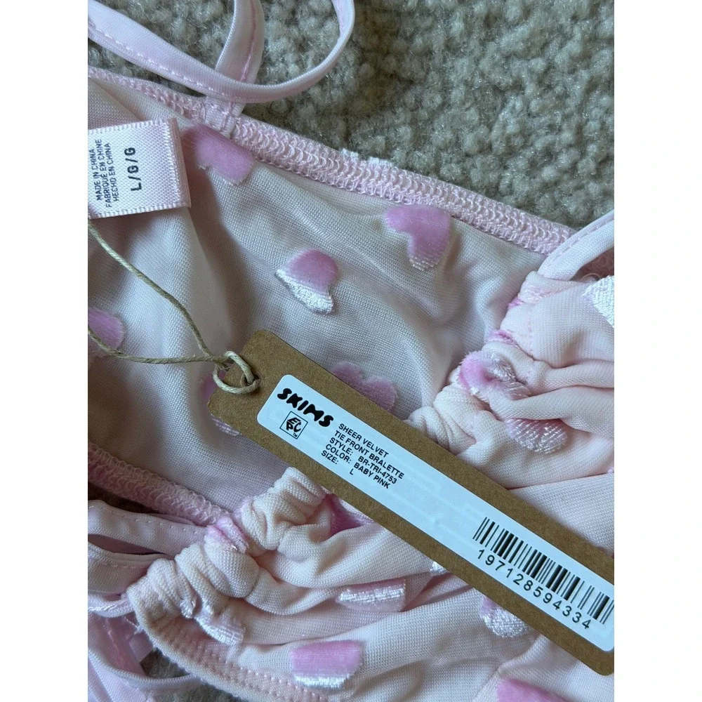 SKIMS Sheer Velvet Tie Front Bralette Baby Pink Heart NEW Large - Picture 5 of 6